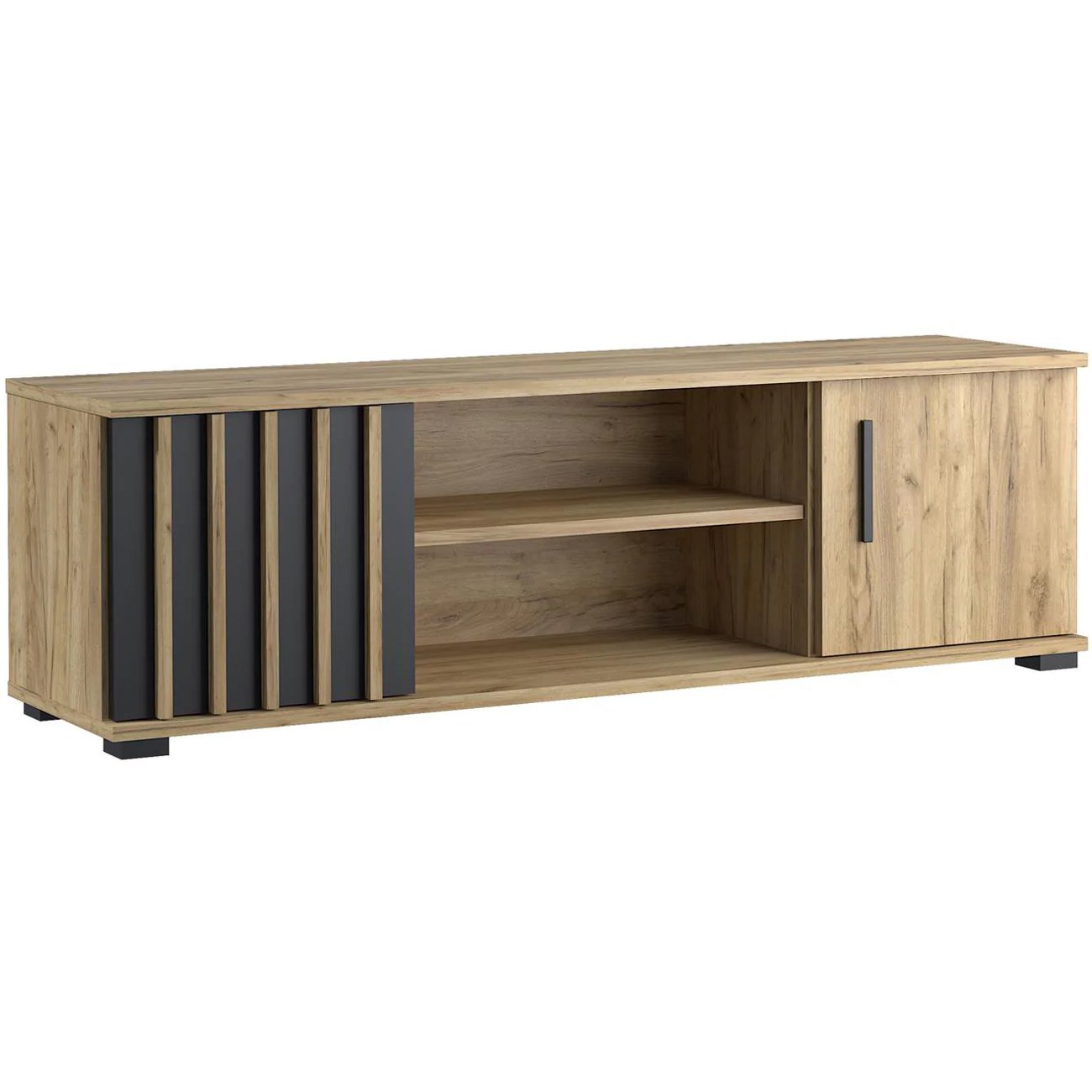 Comoda TV moderna 140×37 cm cu 2 usi si rafturi, finisaj craft cu negru