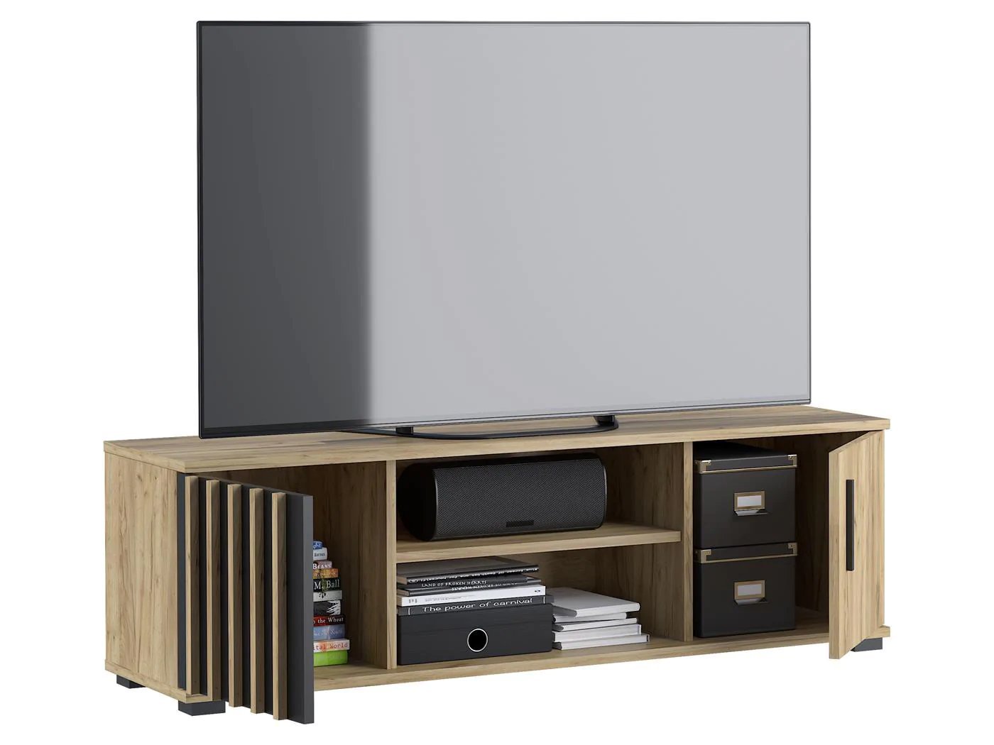 comoda tv moderna 140x37 cm cu 2 usi si rafturi, finisaj craft cu negru 3 Comoda TV moderna 140x37 cm cu 2 usi si rafturi, finisaj craft cu negru - imagine 3