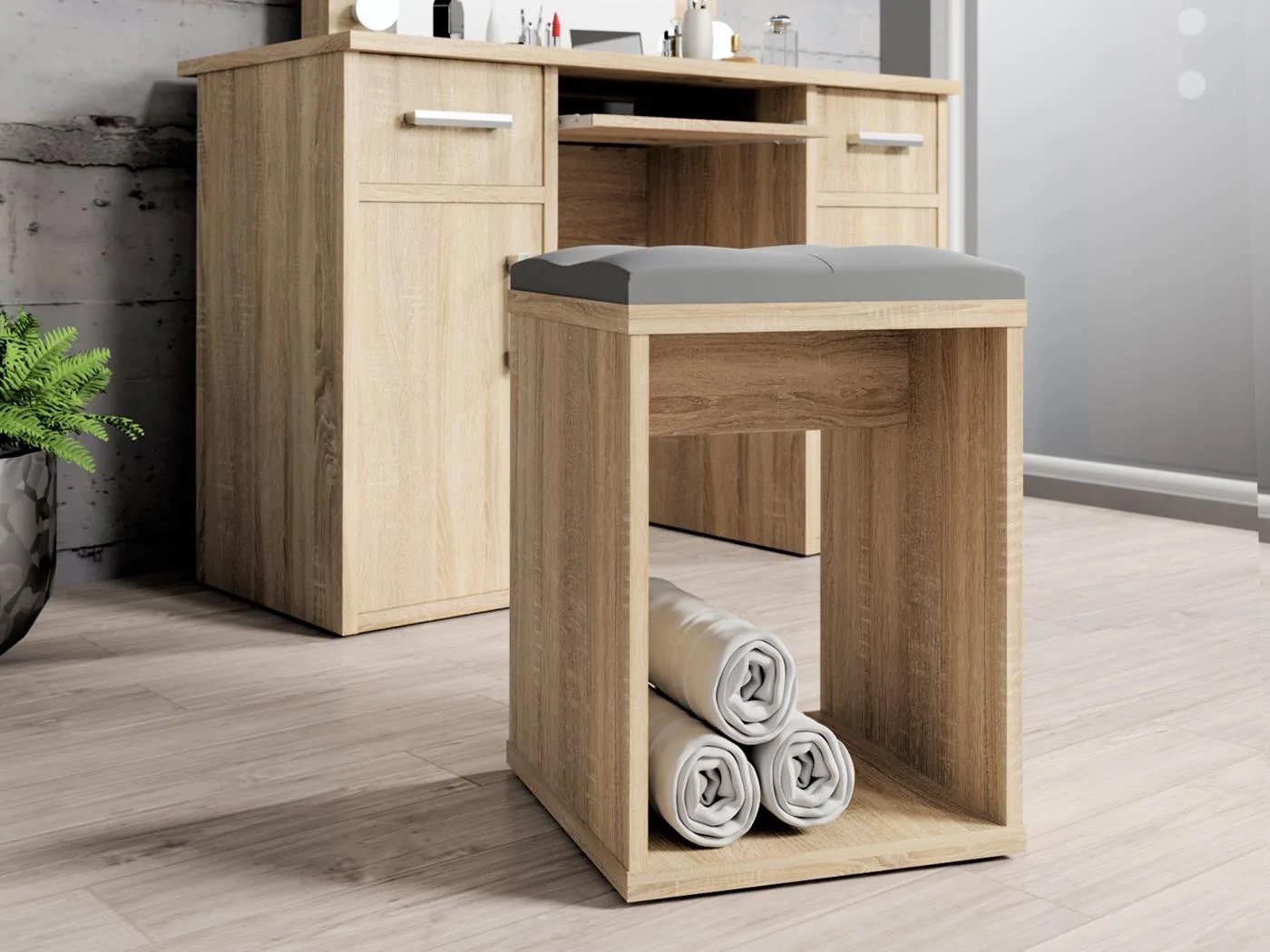 taburet pentru masuta de toaleta cu sezut confortabil, 30x30x42 cm, stejar 4 Taburet pentru masuta de toaleta cu sezut confortabil, 30x30x42 cm, stejar - imagine 4