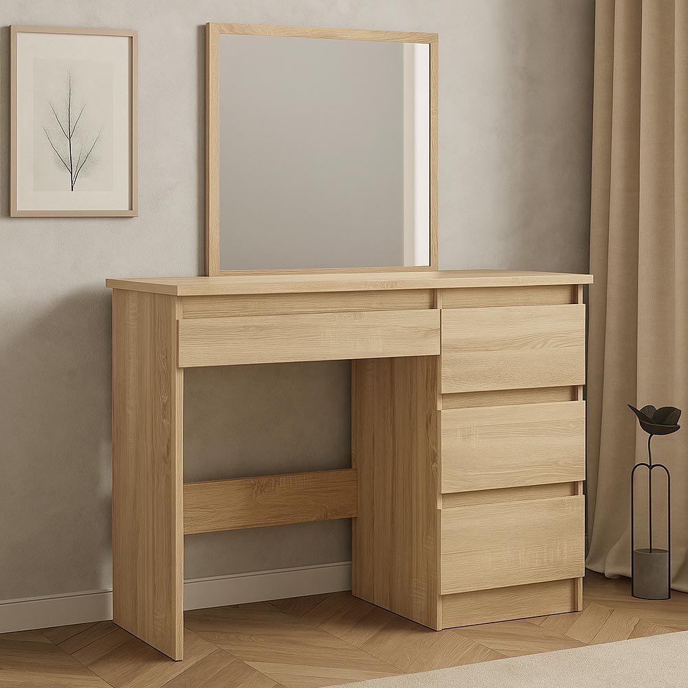 masa de toaleta si machiaj beta cu oglinda si 4 sertare, 94x43x130 cm, finisaj sonoma 1 Masa de toaleta si machiaj Beta cu oglinda si 4 sertare, 94x43x130 cm, finisaj sonoma