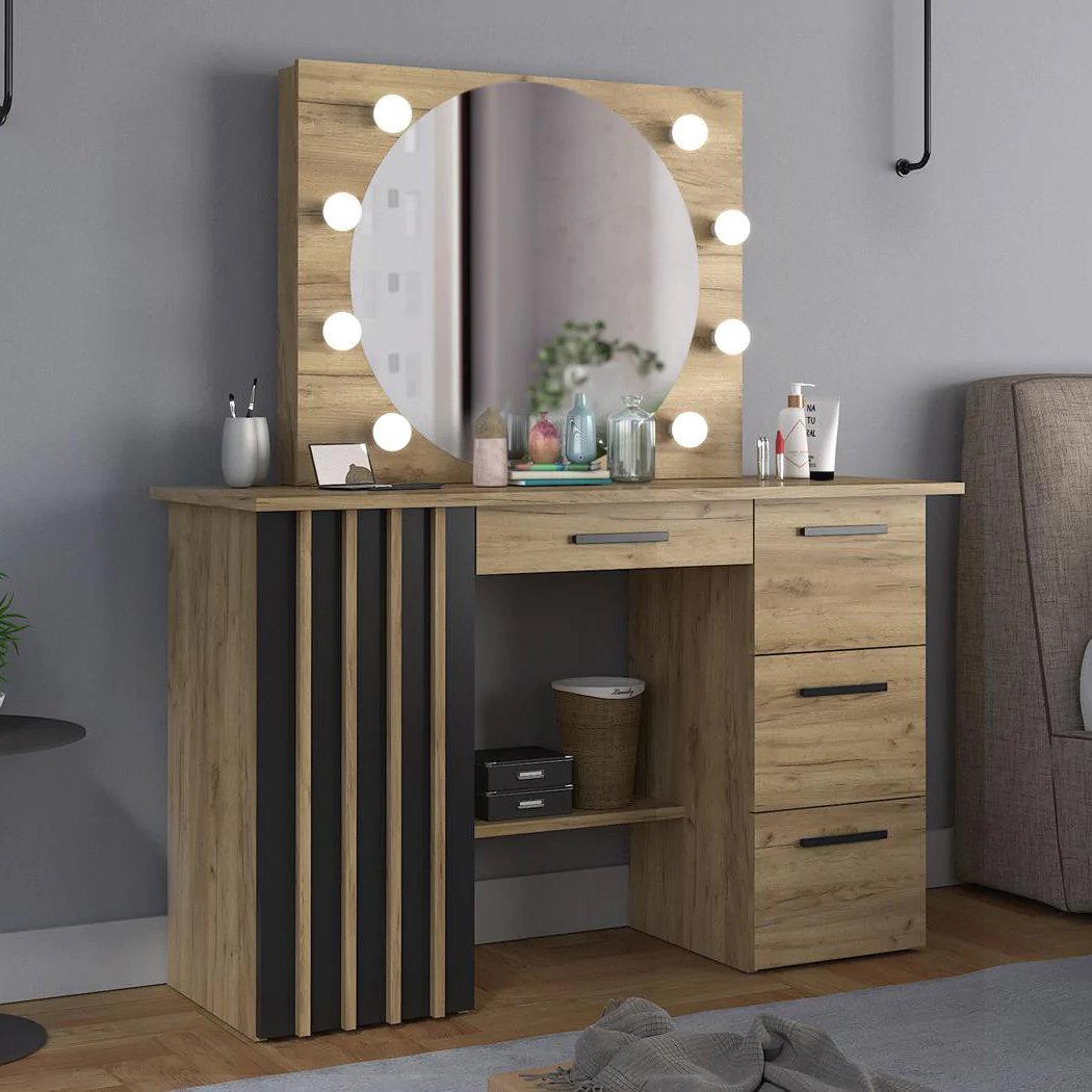 masa de toaleta si machiaj 120x45x140 cm cu oglinda led si 4 sertare, stil loft, craft si negru 1 Masa de toaleta si machiaj 120x45x140 cm cu oglinda LED si 4 sertare, stil loft, craft si negru