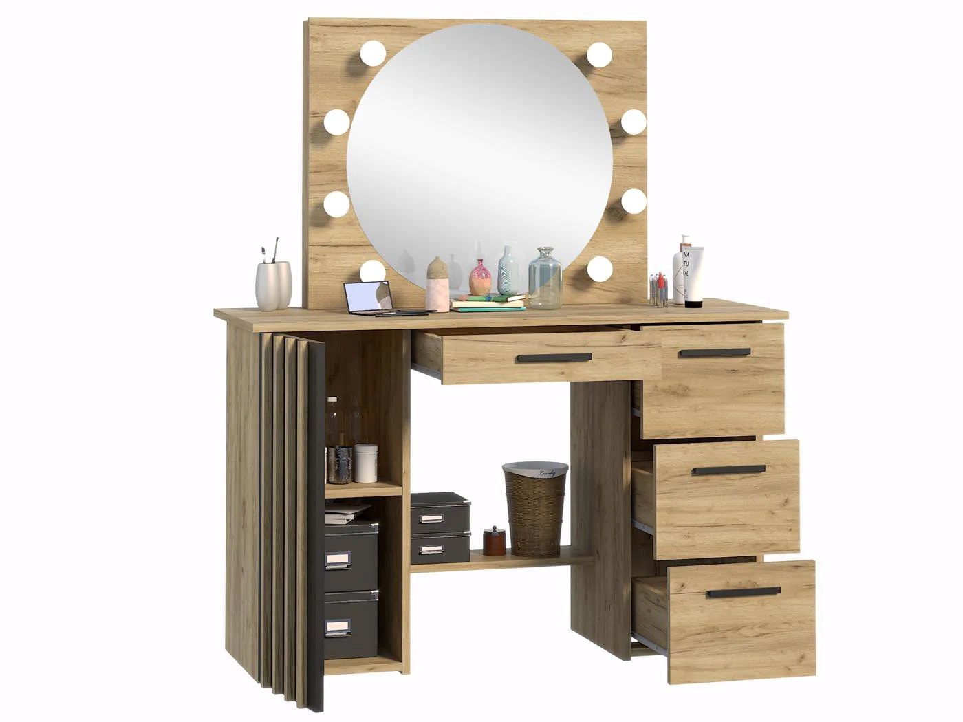 masa de toaleta si machiaj 120x45x140 cm cu oglinda led si 4 sertare, stil loft, craft si negru 2 Masa de toaleta si machiaj 120x45x140 cm cu oglinda LED si 4 sertare, stil loft, craft si negru - imagine 2