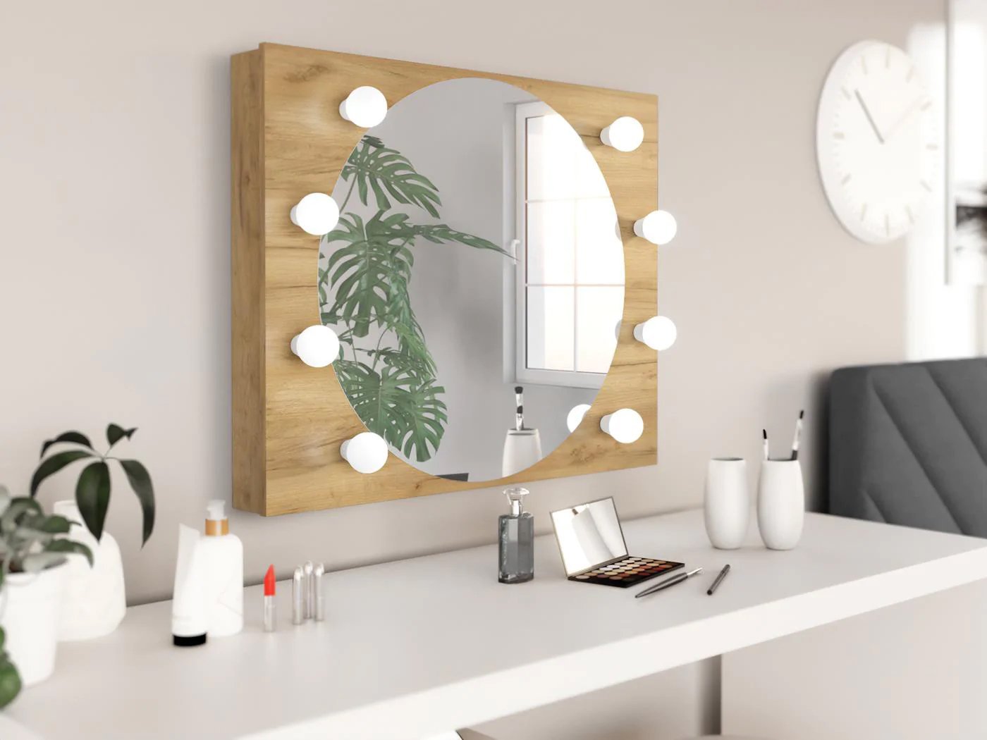 masa de toaleta si machiaj 120x45x140 cm cu oglinda led si 4 sertare, stil loft, craft si negru 3 Masa de toaleta si machiaj 120x45x140 cm cu oglinda LED si 4 sertare, stil loft, craft si negru - imagine 3