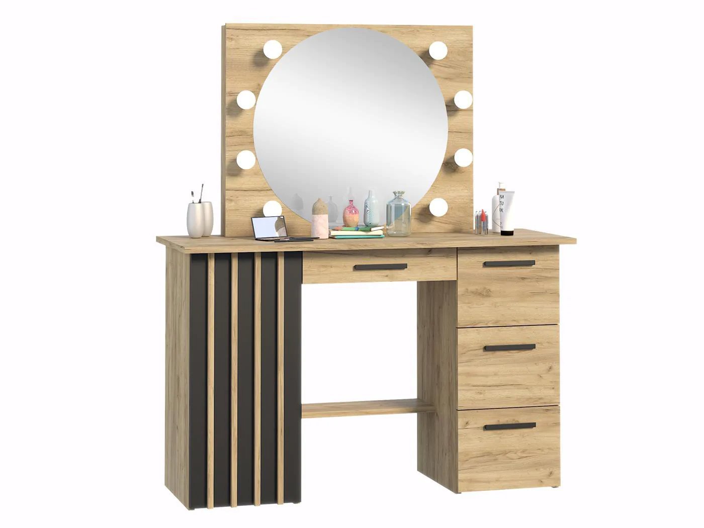 masa de toaleta si machiaj 120x45x140 cm cu oglinda led si 4 sertare, stil loft, craft si negru 4 Masa de toaleta si machiaj 120x45x140 cm cu oglinda LED si 4 sertare, stil loft, craft si negru - imagine 4