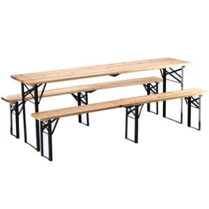 Set berarie din lemn masiv, plabil, pentru terasa sau gradina, o masa si doua banci, 220×50 cm, natur