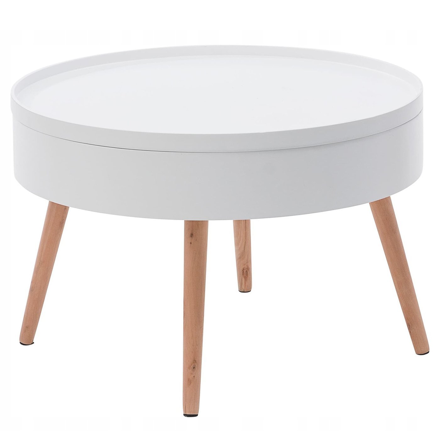 Masuta de cafea rotunda 60×40 cm, cu blat detasabil si spatiu depozitare, picioare din lemn de pin, alba