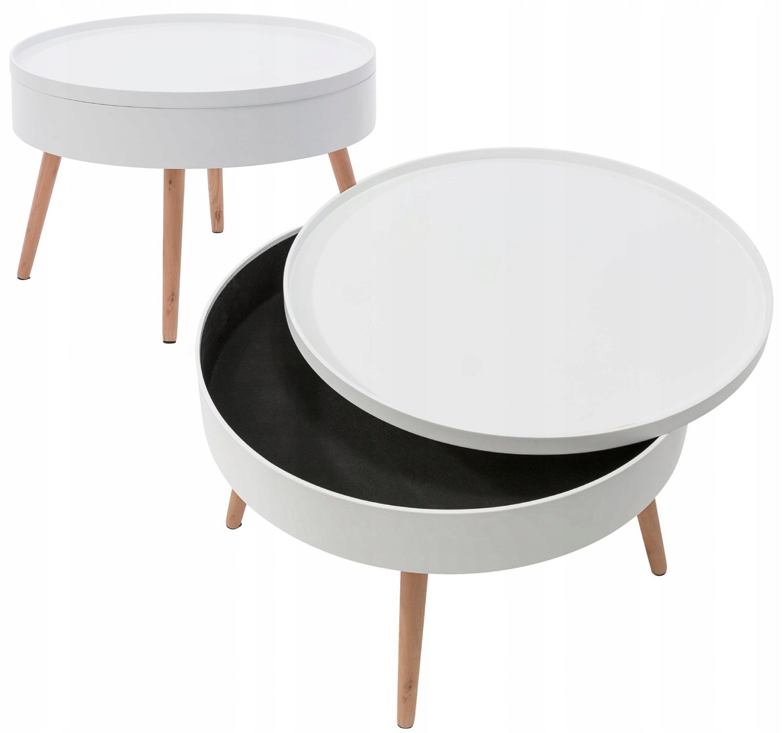 masuta de cafea rotunda 60x40 cm, cu blat detasabil si spatiu depozitare, picioare din lemn de pin, alba 2 Masuta de cafea rotunda 60x40 cm, cu blat detasabil si spatiu depozitare, picioare din lemn de pin, alba - imagine 2