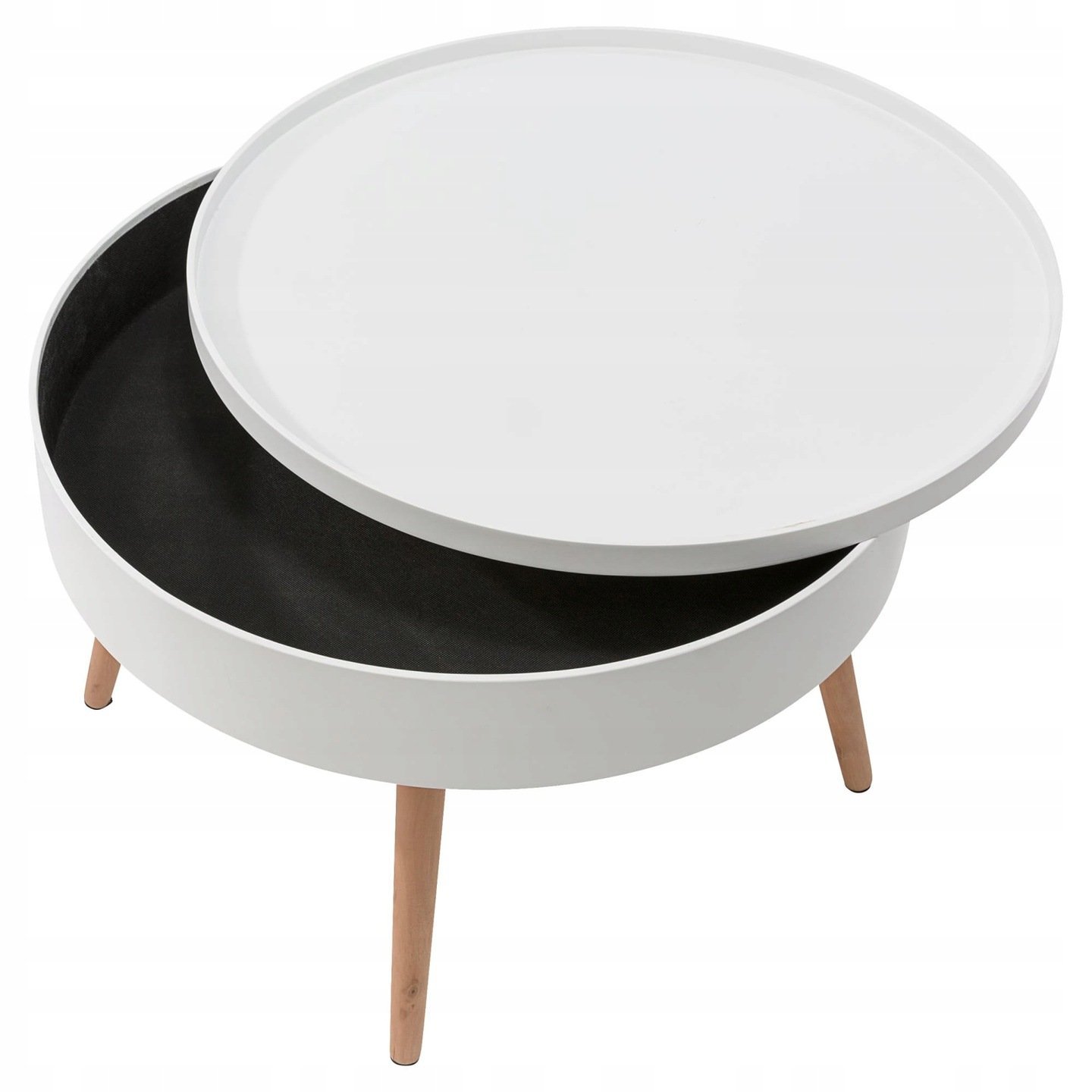 masuta de cafea rotunda 60x40 cm, cu blat detasabil si spatiu depozitare, picioare din lemn de pin, alba 3 Masuta de cafea rotunda 60x40 cm, cu blat detasabil si spatiu depozitare, picioare din lemn de pin, alba - imagine 3