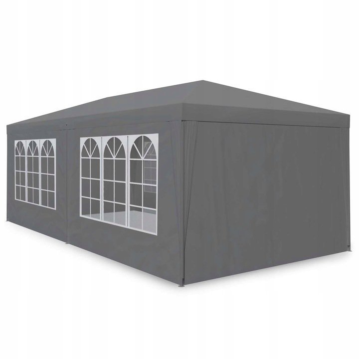cort de gradina 300x600 cm, 6 pereti detasabili cu ferestre si usa, structura metalica, pe impermeabil, gri 3 Cort de gradina 300x600 cm, 6 pereti detasabili cu ferestre si usa, structura metalica, PE impermeabil, gri - imagine 3