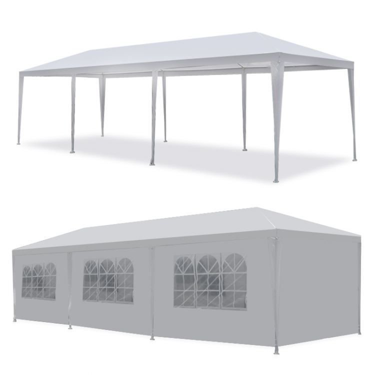 Pavilion de gradina 300×900 cm, 8 pereti detasabili cu ferestre si usa, structura metalica, PE impermeabil, alb