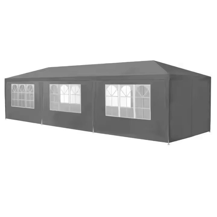 Pavilion de gradina 300×900 cm, 8 pereti detasabili cu ferestre si usa, structura metalica, PE impermeabil, gri