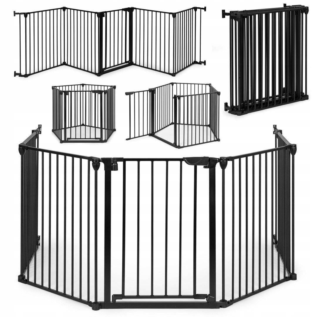Bariera de siguranta pliabila 300×74 cm, 5 panouri si poarta cu blocare automata, metal si plastic, neagra