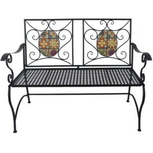 Banca de gradina, cadru metalic cu mozaic decorativ, 115x56x90 cm, negru