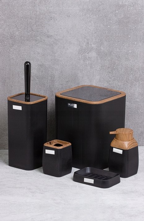 Set de accesorii patrate pentru baie din plastic, 5 piese, negru maro 2 Set de accesorii patrate pentru baie din plastic, 5 piese, negru maro - imagine 2