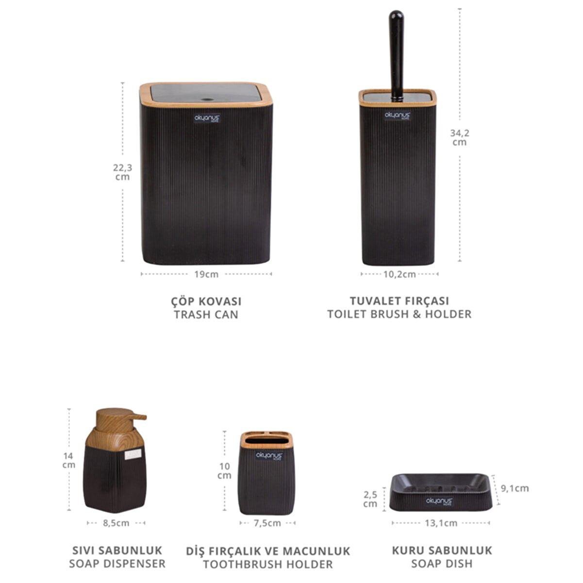 Set de accesorii patrate pentru baie din plastic, 5 piese, negru maro 3 Set de accesorii patrate pentru baie din plastic, 5 piese, negru maro - imagine 3