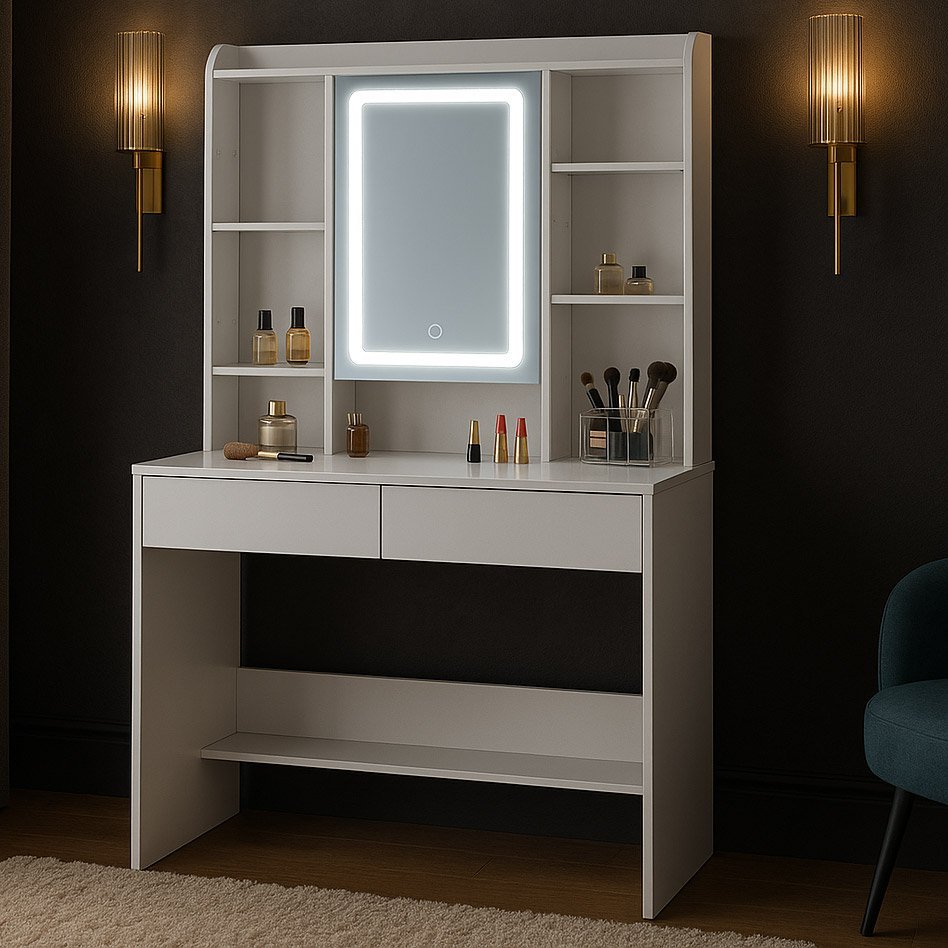 masa de toaleta cu oglinda, iluminare led reglabila, 2 sertare, mdf, 90x40x145 cm, alb 1 Masa de toaleta cu oglinda, iluminare LED reglabila, 2 sertare, MDF, 90x40x145 cm, alb