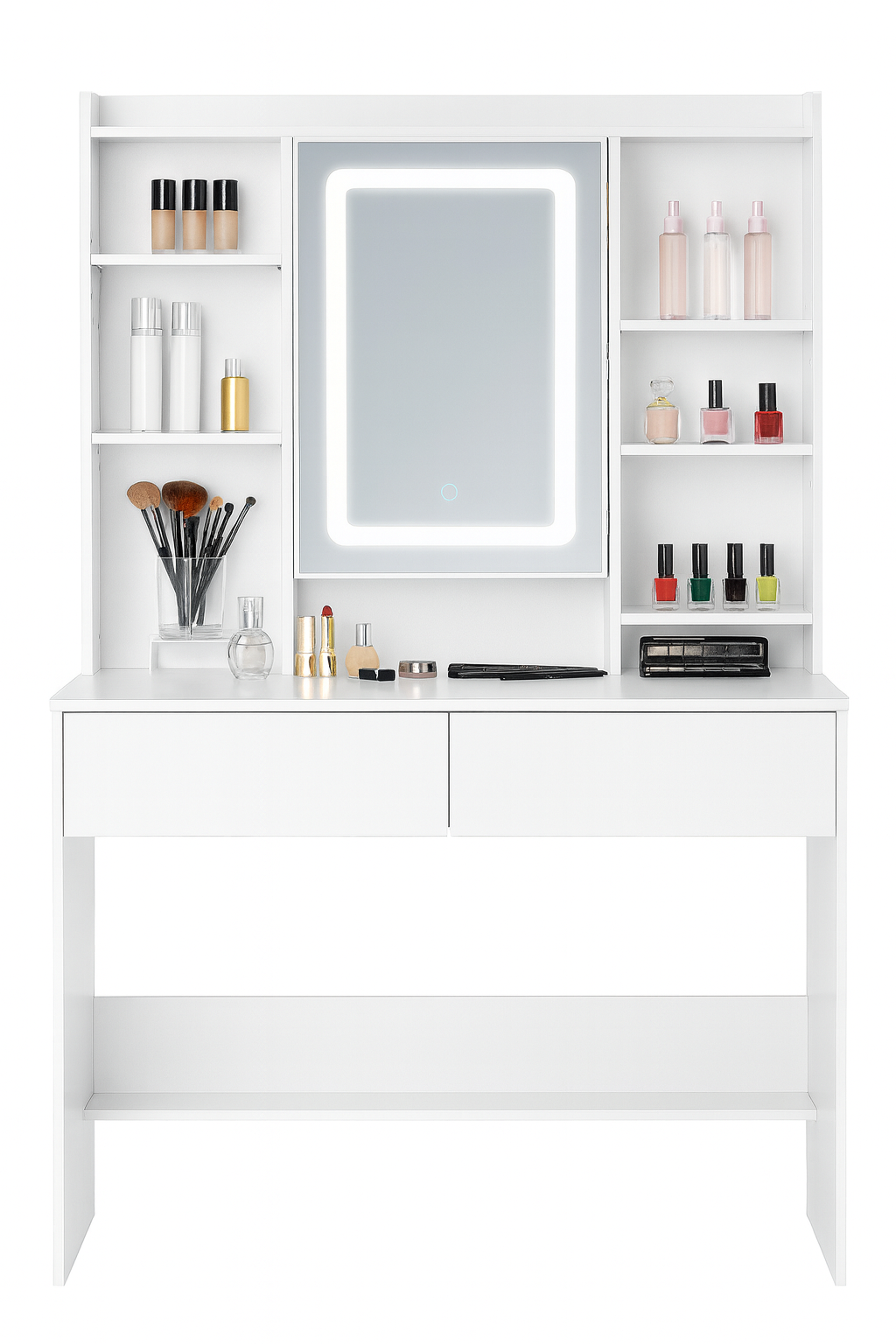 masa de toaleta cu oglinda, iluminare led reglabila, 2 sertare, mdf, 90x40x145 cm, alb 2 Masa de toaleta cu oglinda, iluminare LED reglabila, 2 sertare, MDF, 90x40x145 cm, alb - imagine 2