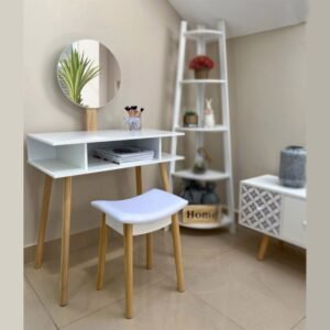 Set Masa de toaleta si machiaj cu taburet Scandinav, alba, cu oglinda, 75x45x130 cm