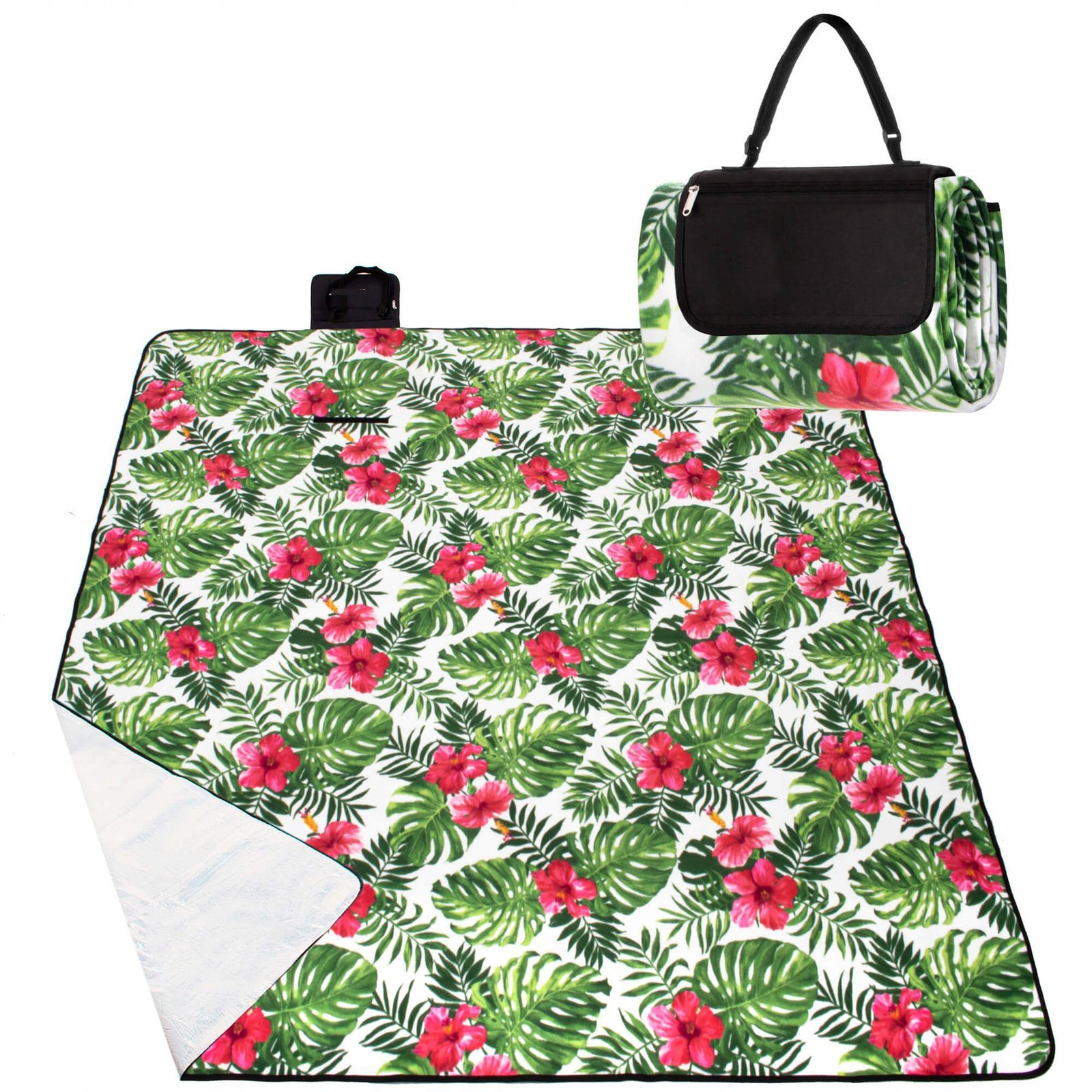 Patura pentru picnic sau plaja, cu folie izolatoare si maner, 160x200cm, floral
