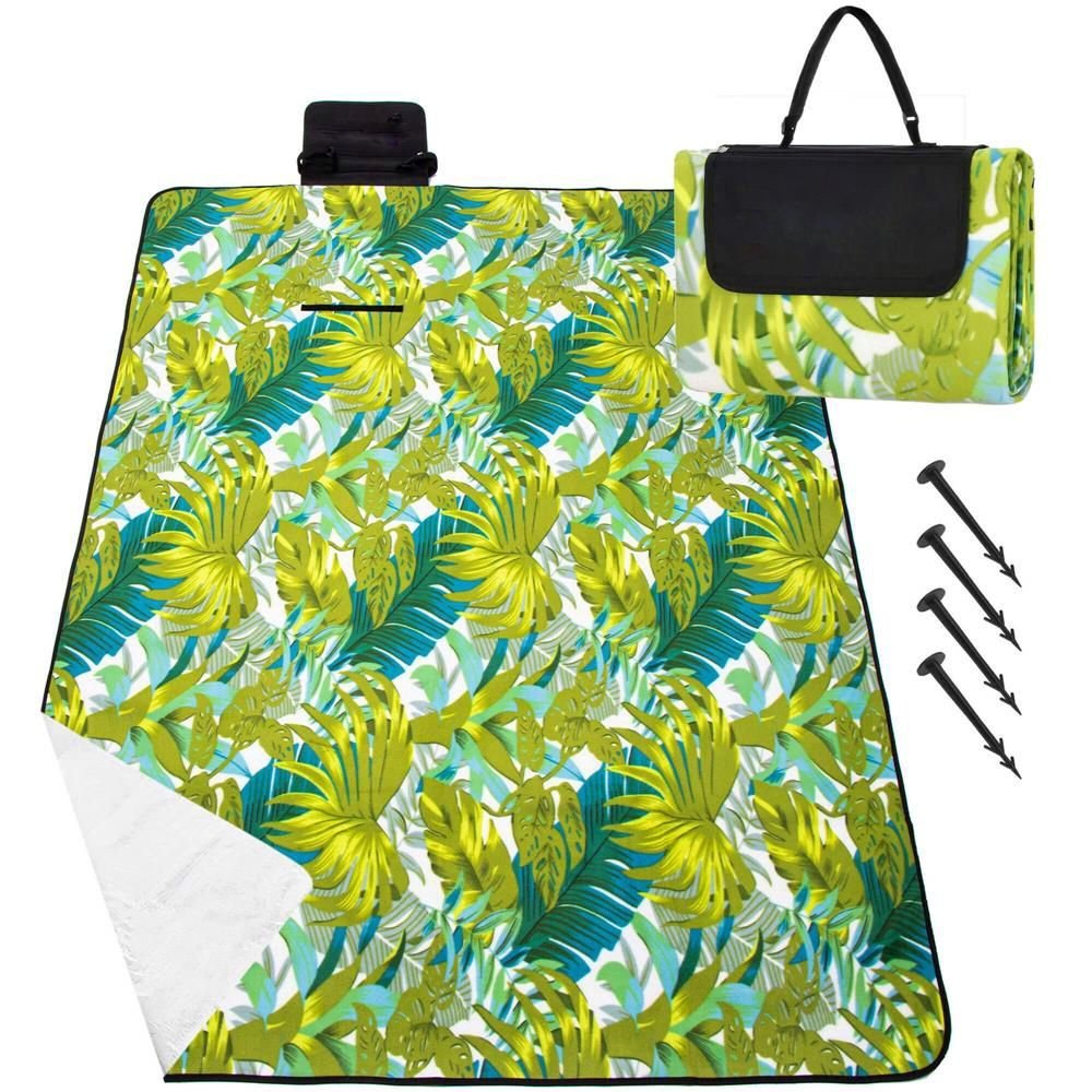 Patura pentru picnic sau plaja, cu folie izolatoare si maner, 200x200cm, model frunze, verde