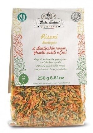 Paste Risoni tricolore cu mazare, linte si naut 250g Pasta Natura