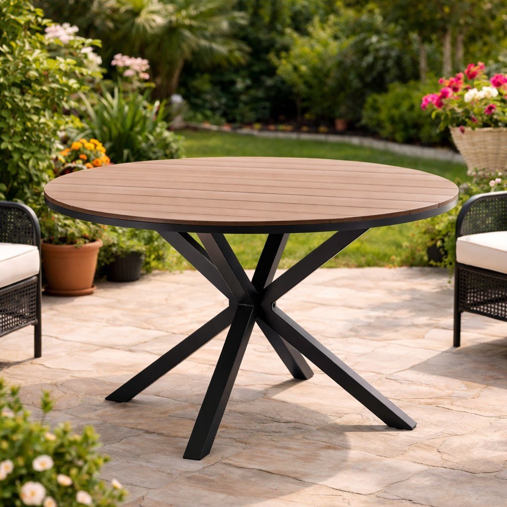 Masa rotunda pentru gradina, cadru aluminiu cu blat polywood aspect lemn, 112×73 cm, maro natur