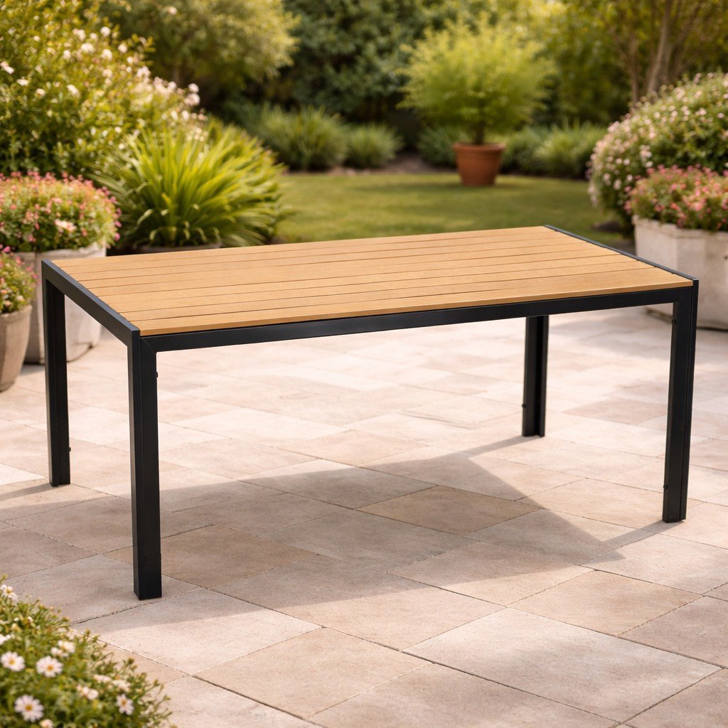 Masa de gradina, cadru otel, blat polywood cu aspect lemn, 150x90x73 cm, negru si maro natur