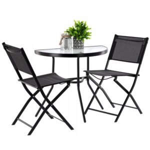 Set mobilier gradina sau balcon, masa semirotund sticla cu 2 scaune pliabile, negru