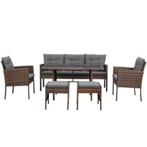Set mobilier gradina 6 piese, rattan sintetic si otel, canapea 3 locuri, masa sticla, maro si gri