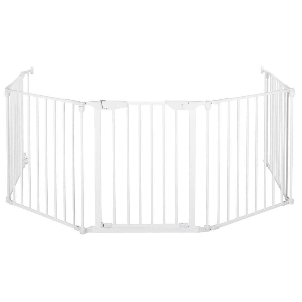 Bariera de protectie pentru copii, 318×75 cm, alba – 5 panouri, poarta cu blocare, montaj pe perete
