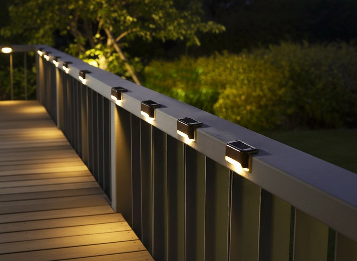 set 4 lampi solare gradina, iluminare balustrada gard, lumina calda, 8x5x5 cm, negru 2 Set 4 lampi solare gradina, iluminare balustrada gard, lumina calda, 8x5x5 cm, negru - imagine 2