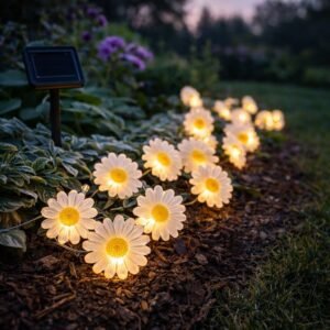 Instalatie luminoasa solara exterior, becuri in forma de margarete, 20 LED alb cald, 2 m + 3.8 m, 2 moduri iluminare, IP44, alb