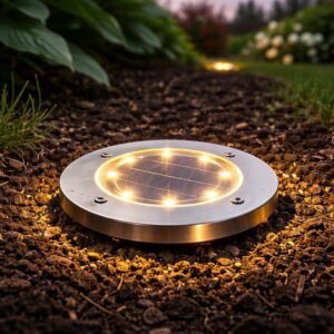 Set 4 lampi solare sol gradina cu 8 LED fiecare, iluminare alei, otel inoxidabil si plastic, 12x12x2 cm, argintiu