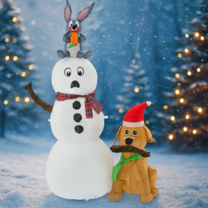 Om de zapada de exterior gonflabil, iluminare LED, cu catel si iepuras, cu compresor integrat, 180x80x60 cm, alb