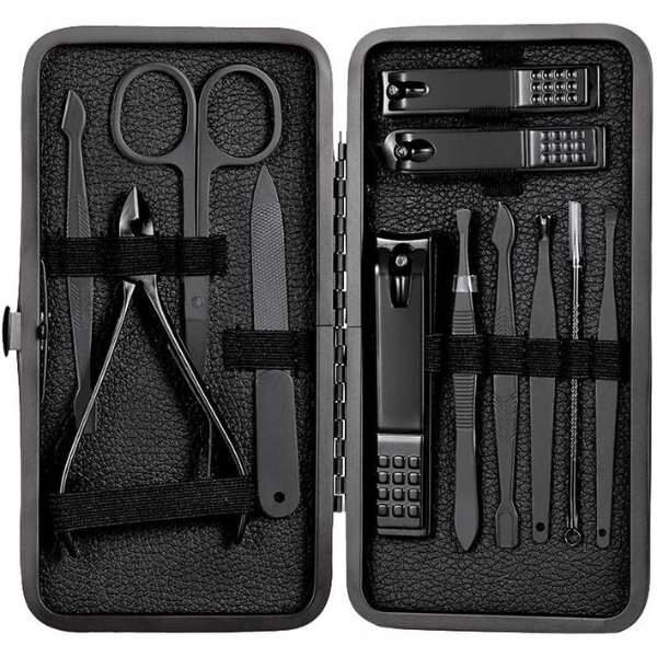Set 12 Piese Mercaton pentru Manichiura si Pedichiura cu Trusa din Piele Ecologica, Negru