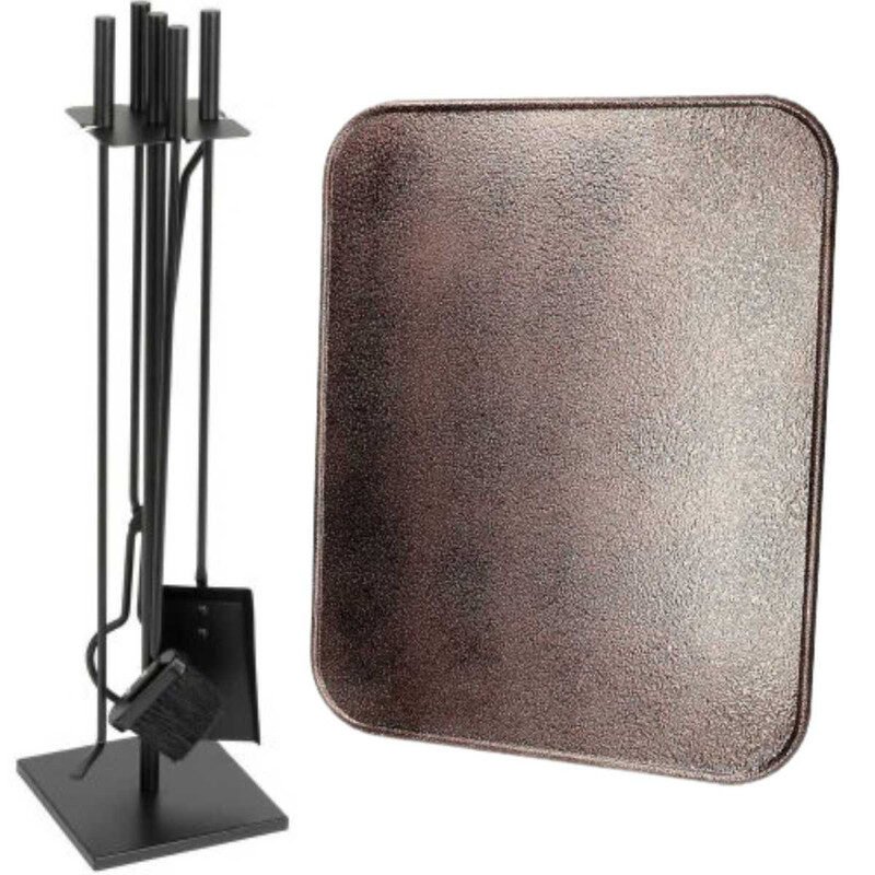 Set 4 Accesorii cu Suport pentru Semineu si Soba din Fier Forjat, 81 cm si Covoras Metalic, Rezistent la Temperaturi Ridicate, 40×47.5 cm