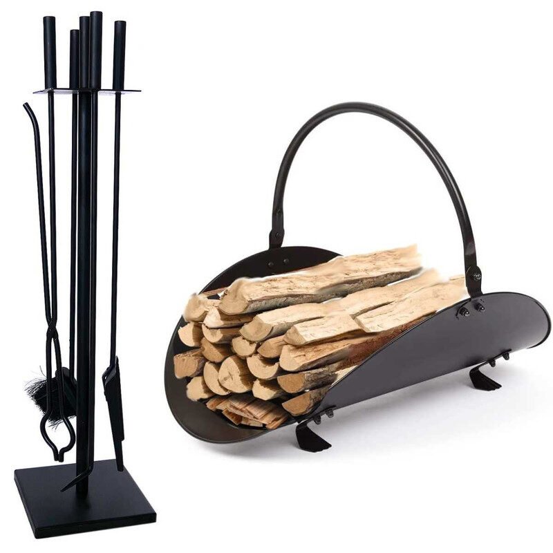 Set 4 Accesorii cu Suport pentru Semineu si Soba din Fier Forjat, 81 cm si Suport de Depozitat Lemne din Aliaj Forjat, 48 cm, Negru
