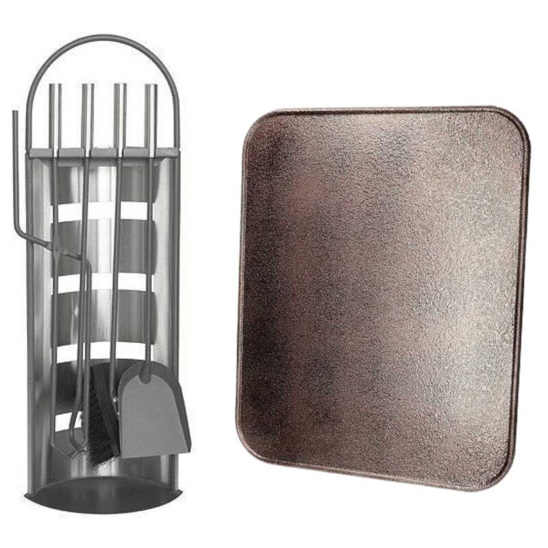 Set 4 Accesorii cu Suport pentru Semineu si Soba din Inox, 66 cm si Covoras Metalic, Rezistent la Temperaturi Ridicate, 40×47.5 cm