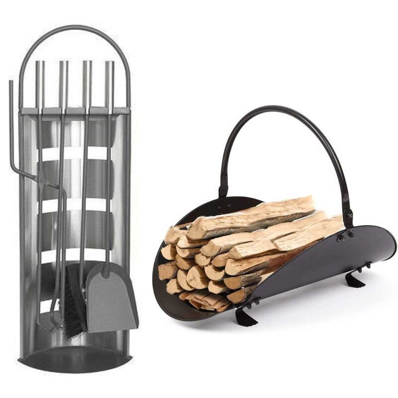 Set 4 Accesorii cu Suport pentru Semineu si Soba din Inox, 66 cm si Suport de Depozitat Lemne din Aliaj Forjat, 48 cm, Negru