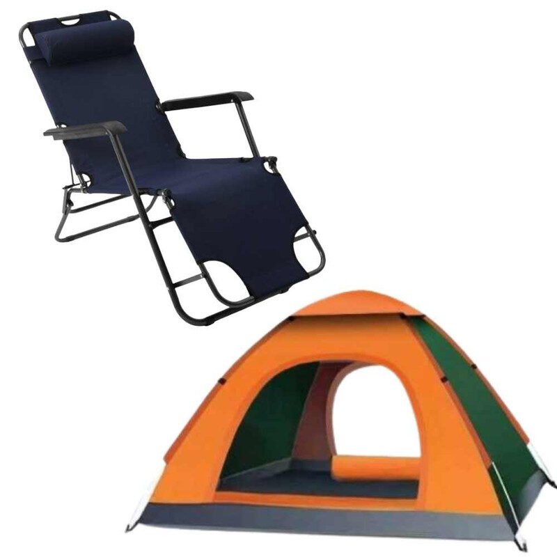 Sezlong Pliabil cu Tetiera, Cadru Metalic si Panza Oxford 600D Impermeabila, Max 150 Kg, Navi Blue si Cort Automat de 3-4 Persoane Pentru Camping sau Plaja, Impermeabil, Poliester 170T, Portocaliu