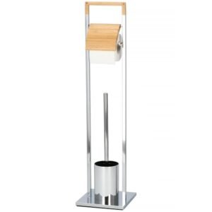 Stand cu perie WC si suport hartie igienica, inox si bambus, 75cm, argintiu