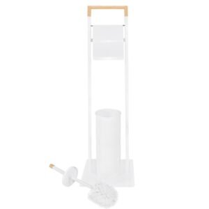 Stand cu perie WC si suport hartie igienica, metal si bambus, 74cm, alb
