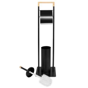 Stand cu perie WC si suport hartie igienica, metal si bambus, 74cm, negru