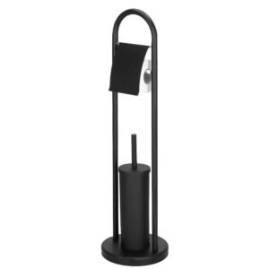 Stand cu perie WC si suport hartie igienica, metal, 80cm, negru mat