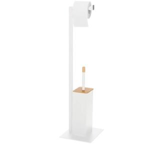 Stand cu perie WC si suport hartie igienica, metal si bambus, 79cm, gri deschis