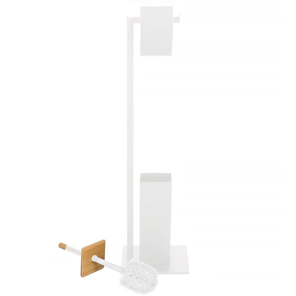 Stand cu perie WC si suport hartie igienica, metal si bambus, 79cm, gri deschis 2 Stand cu perie WC si suport hartie igienica, metal si bambus, 79cm, gri deschis - imagine 2