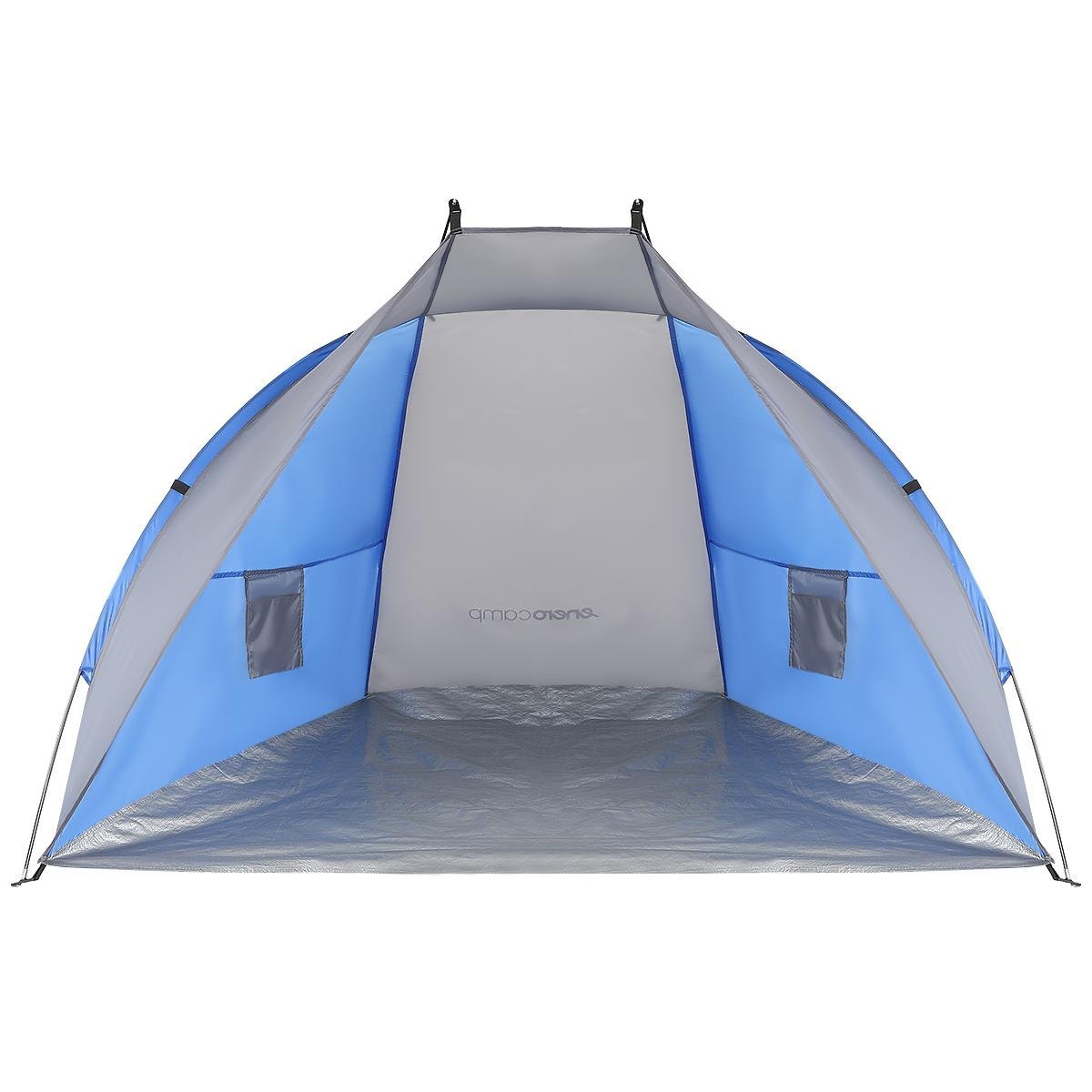 Cort plaja pentru 2 persoane, cu protectie UV si podea izolanta, 200x100x105 cm, albastru si gri