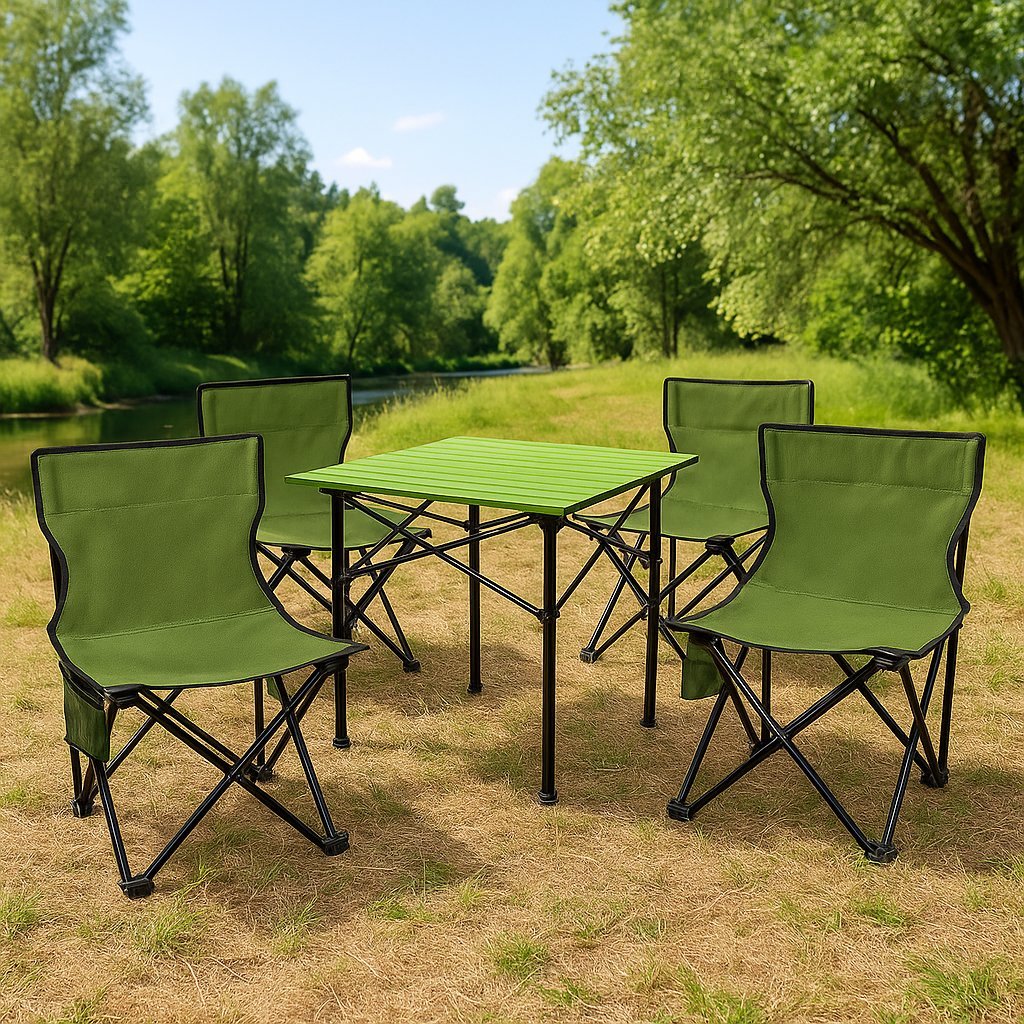 Set camping 5 in 1 cu masa si 4 scaune pliabile, structura otel si blat aluminiu, 53x52x50 cm, verde 2 Set camping 5 in 1 cu masa si 4 scaune pliabile, structura otel si blat aluminiu, 53x52x50 cm, verde - imagine 2