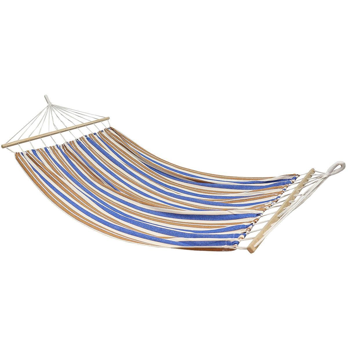 Hamac dublu cu bare din lemn, pentru 2 persoane, bumbac, 150kg, 200×150 cm, albastru si maro