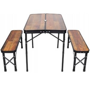 Set mobilier de camping pliabil, masa cu 2 banci, structura otel cu blat MDF, 90x60cm, maro